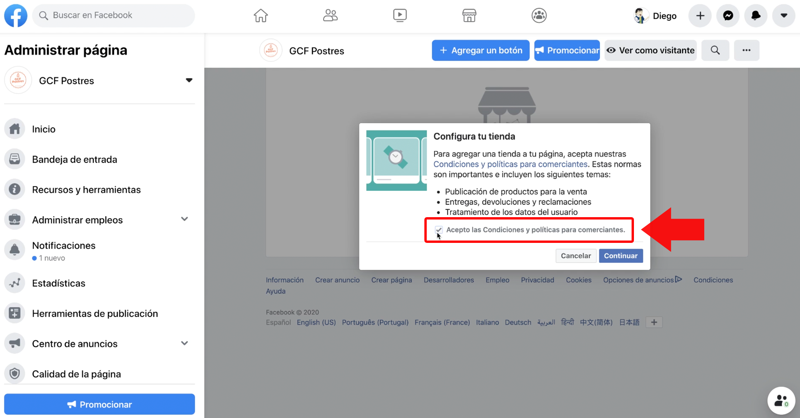 Te saldrá una pequeña ventana solicitando aceptar las Condiciones y políticas para comerciantes que tiene Facebook. Lee detenidamente estas políticas y haz clic en la casilla de verificación. 